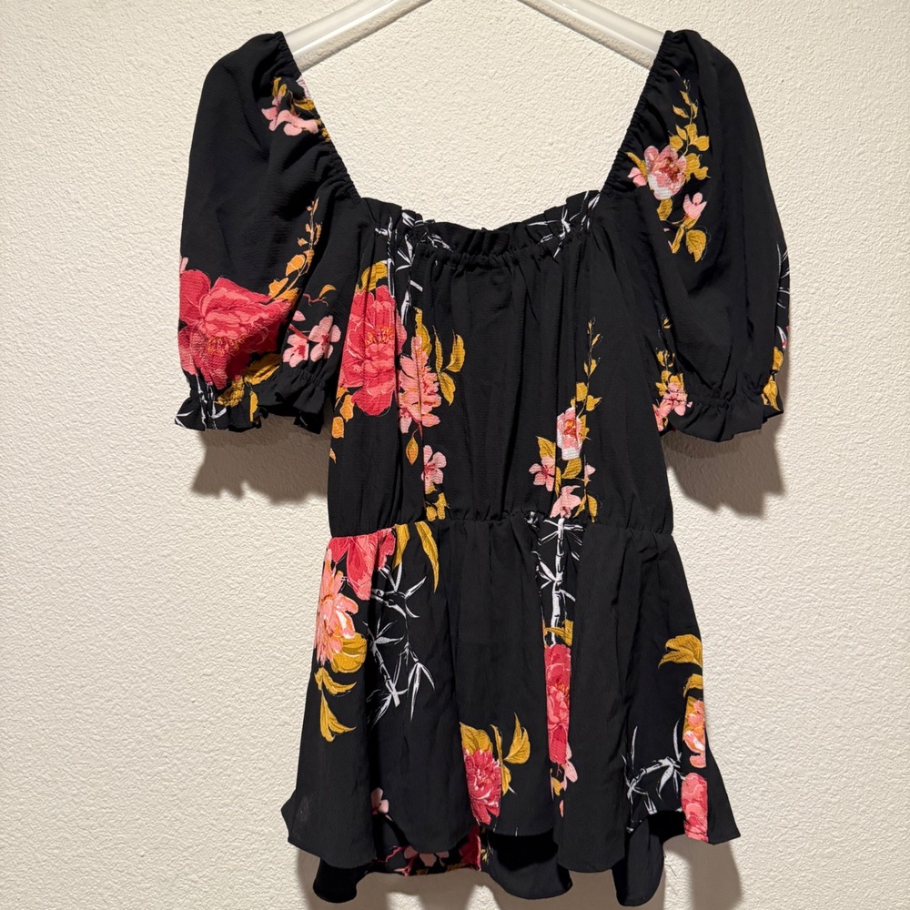 City Chic Black Floral Puff-Sleeve Blouse - Picture 4 of 4
